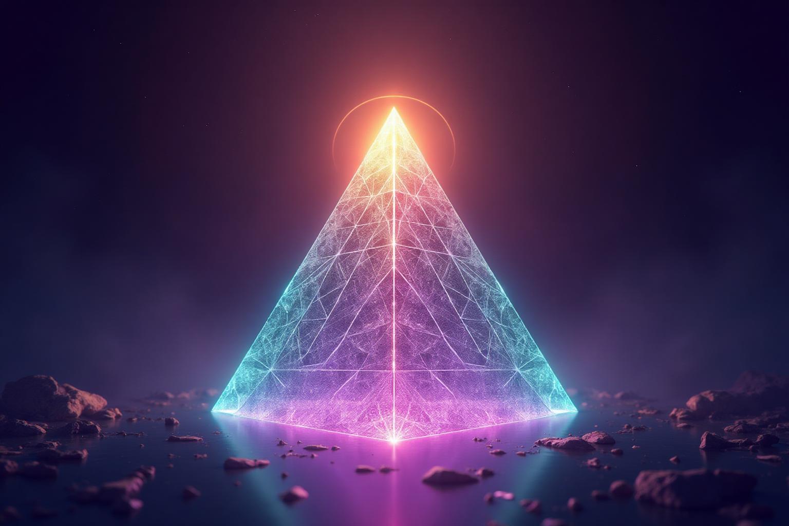 Sacred geometry pyramid bathed in luminous purples