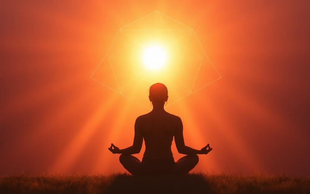 Guided pyramid meditation session with luminous trails