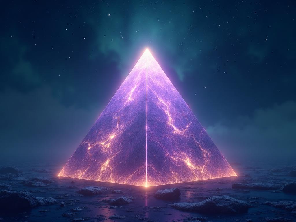 Sacred pyramid at night with gentle spiritual energy in purples, golds, and teals