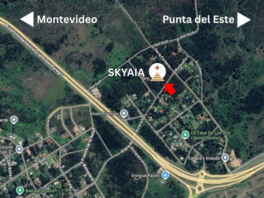 Detailed satellite map showing Skyaia location on Calle Burgueño with directions from Montevideo and Punta del Este